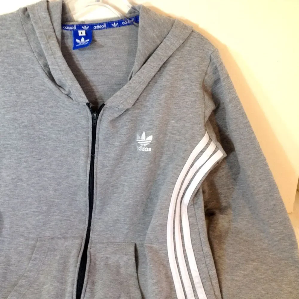Adidas Hoodie Full Zip Sweatshirt Gray Youth Large 14/16 Soft Feel Pockets